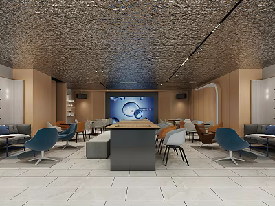 Modern Lounge Area Interior Design With Cozy Chairs Tables And Wall Art Lighting 3d model