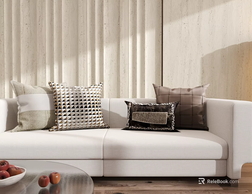 Stylish Textured Pillows On White Sofa In Modern Living Room With Light Wall 3d model 