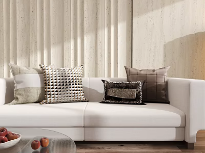 Stylish Textured Pillows On White Sofa In Modern Living Room With Light Wall 3d model