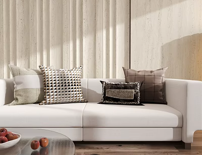 Stylish Textured Pillows On White Sofa In Modern Living Room With Light Wall 3d model