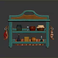 Turquoise Kitchen Cart With Shelves Holding Clay Pots Cups And Hanging Garlic