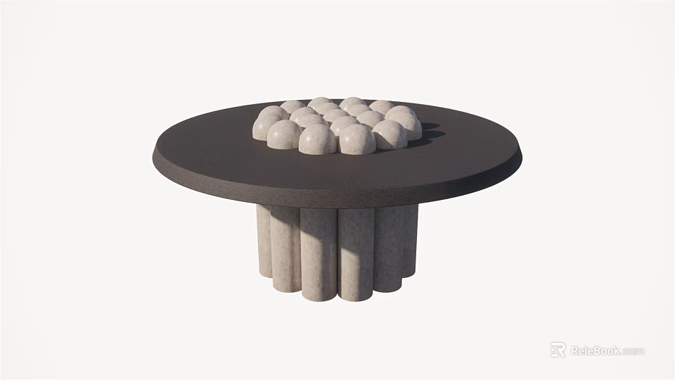 Round Dark Tabletop With White Dome Shaped Objects And Cylindrical Legs 3d model