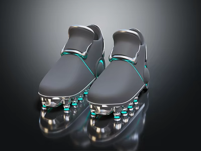 Modern Gray Soccer Shoes With Silver Cleats Blue Accents And Reflective Surface On Black Background 3d model