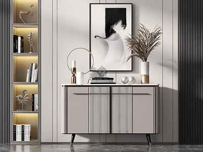 Modern Console Table And Side Cabinet With Lighting Decorations And Framed Art 3d model