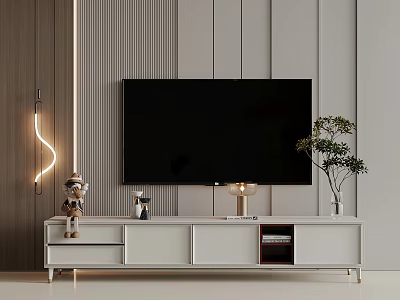 Modern TV Cabinet with Drawers Black TV Grey Wall Vertical Stripes Decor and Plant 3d model