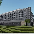 Modern Multi Storey Office Building Featuring Glass Facade Landscaped Garden And Trees