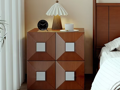 Wooden Bedside Table with Geometric Square Panels Black Clock Table Lamp and White Cup 3d model