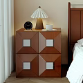 Wooden Bedside Table with Geometric Square Panels Black Clock Table Lamp and White Cup