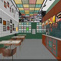 Vibrant Restaurant Interior With Colorful Ceiling Orange Counter Green Walls And Wooden Tables