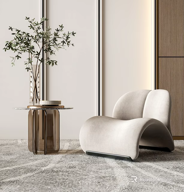 Modern Beige Velvet Single Sofa With Modern Design Side Table Plant And Wooden Cabinet 3d model 