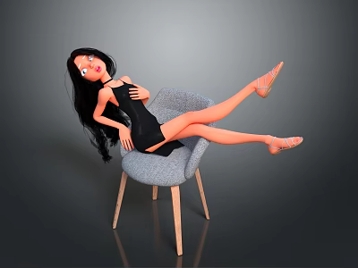Game Movie Character In Black Dress With Long Black Hair Lying On Gray Chair 3d model