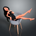 Game Movie Character In Black Dress With Long Black Hair Lying On Gray Chair