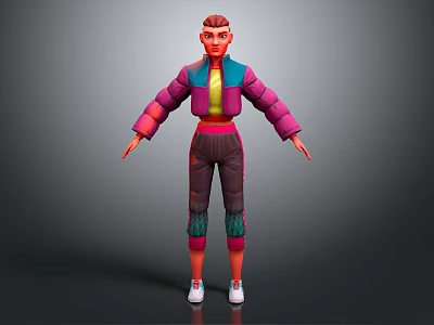 Cartoon Style 3D Character With Red Hair Colorful Jacket Yellow Top And White Shoes 3d model