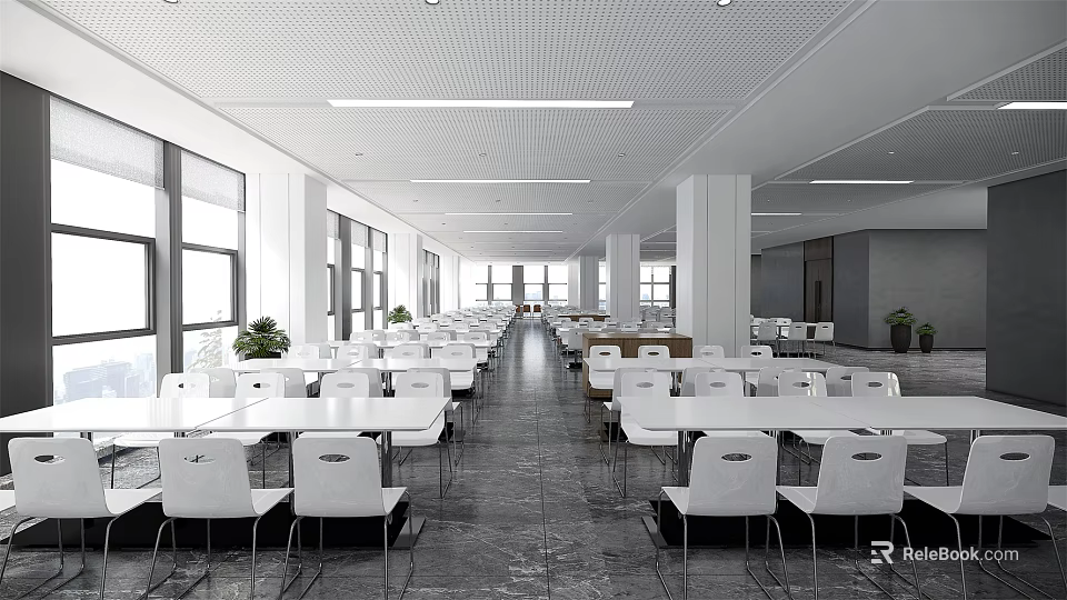 Spacious Cafeteria Interior With White Tables Chairs Large Windows And Grid Ceiling 3d model