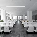 Spacious Cafeteria Interior With White Tables Chairs Large Windows And Grid Ceiling 3d model