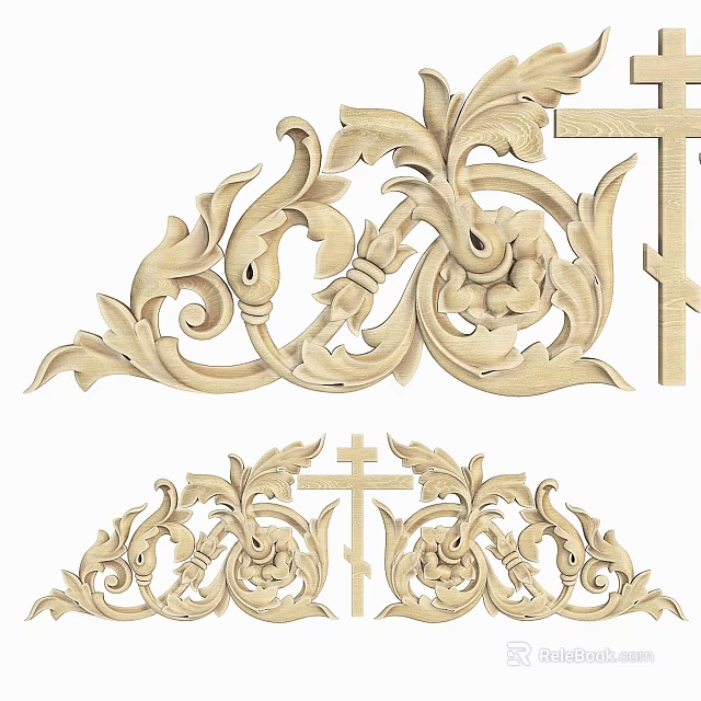 Ornate Wooden Decorative Components With Intricate Carved Patterns And Cross Elements 3d model