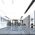 Modern Lobby Reception Desk With Sofas Decorative Walls Lighting And Marble Flooring 3d model