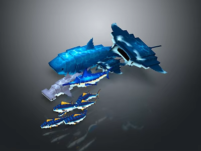 Blue Shark With Crystal Like Texture And Small Fish Floating In Group 3d model