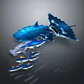 Blue Shark With Crystal Like Texture And Small Fish Floating In Group 3d model