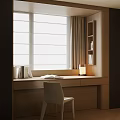 Modern Wooden Bay Window Cabinet With Bookshelf Table Lamp And Chair