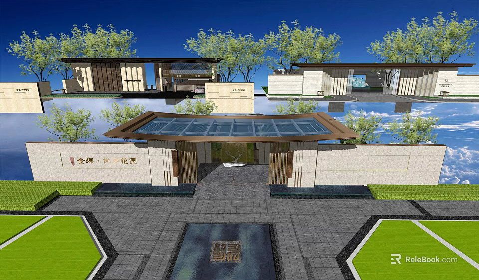 Modern Chinese Entrance Gate With Glass Roof Greenery And Reflecting Pool Area 3d model 