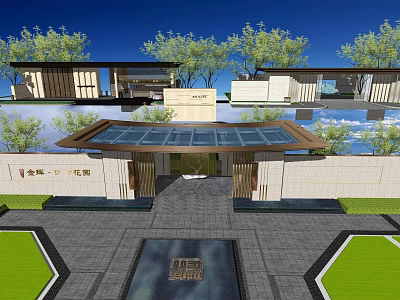 Modern Chinese Entrance Gate With Glass Roof Greenery And Reflecting Pool Area 3d model