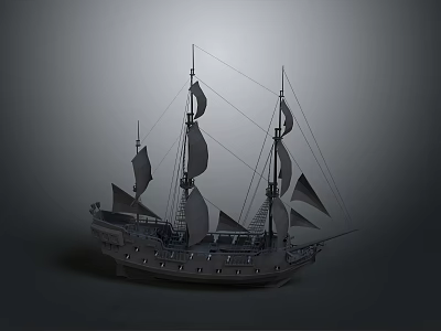 Vintage Sailing Ship Model With Multiple Masts And White Sails 3d model