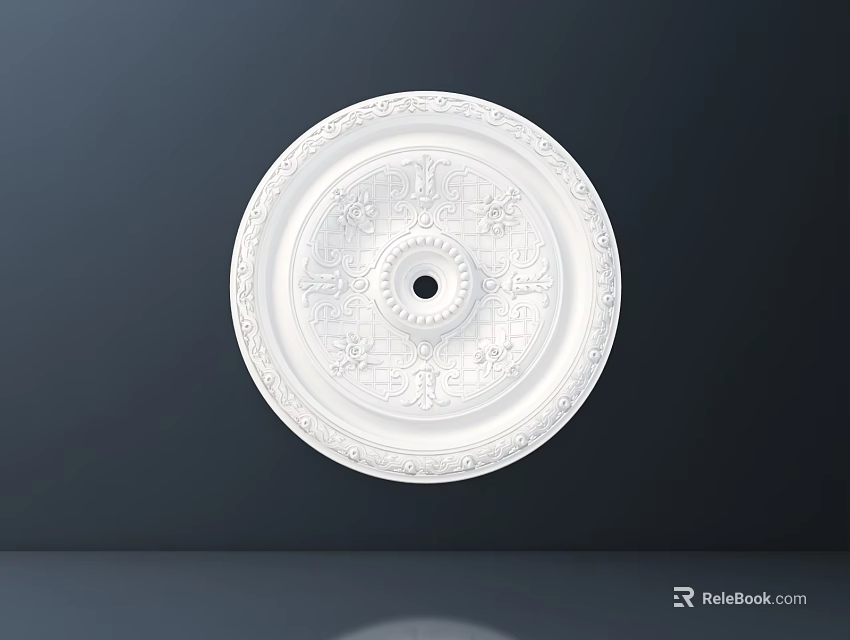 White Round Decorative Ceiling Medallion with Ornate Carved Patterns and Central Hole 3d model 