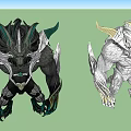 Game Movie Fantasy Monster Characters With Horned Armored Muscular Bodies In Black White Colors