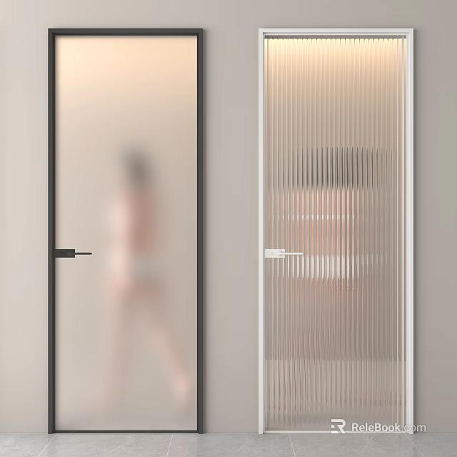 Modern Swing Doors With Black White Frames And Frosted Vertical Stripe Glass Design 3d model 