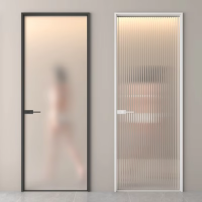 Modern Swing Doors With Black White Frames And Frosted Vertical Stripe Glass Design 3d model