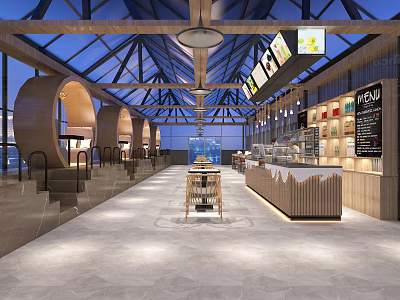 Modern Café Interior Design With Open Space Wooden Elements And Bar Counter 3d model