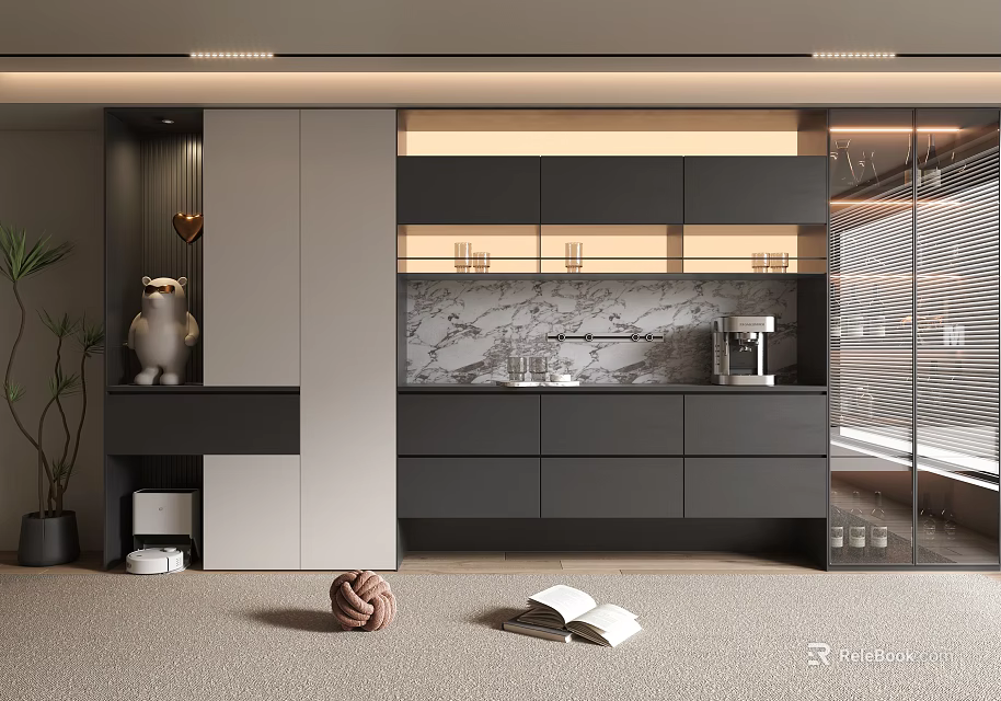 Modern Wine Cabinet Design With Glass Display Doors LED Lighting And Marble Backsplash 3d model 
