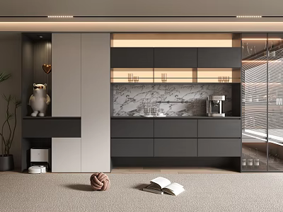 Modern Wine Cabinet Design With Glass Display Doors LED Lighting And Marble Backsplash 3d model