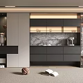Modern Wine Cabinet Design With Glass Display Doors LED Lighting And Marble Backsplash