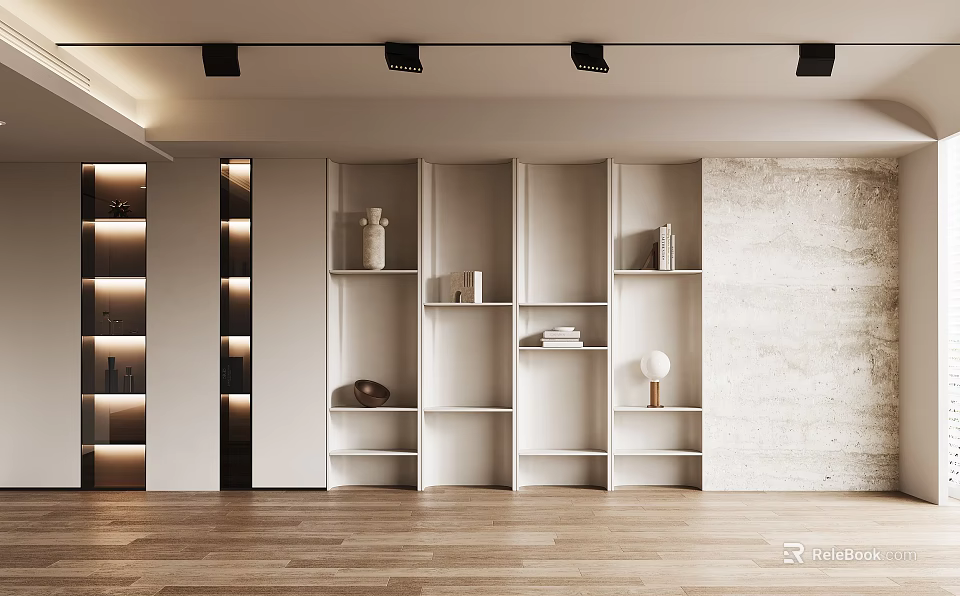 Modern White Open Bookcase with Spotlights Wooden Floor and Decorative Items 3d model 