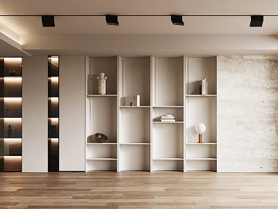 Modern White Open Bookcase with Spotlights Wooden Floor and Decorative Items 3d model