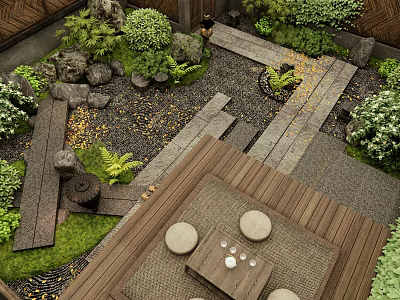 Serene Garden Courtyard Design With Wooden Deck Round Cushions Stone Path And Green Plants 3d model
