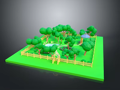 Lush Green Scenic Landscape With Trees Small Pond Yellow Fence And Pavilion 3d model