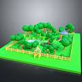 Lush Green Scenic Landscape With Trees Small Pond Yellow Fence And Pavilion