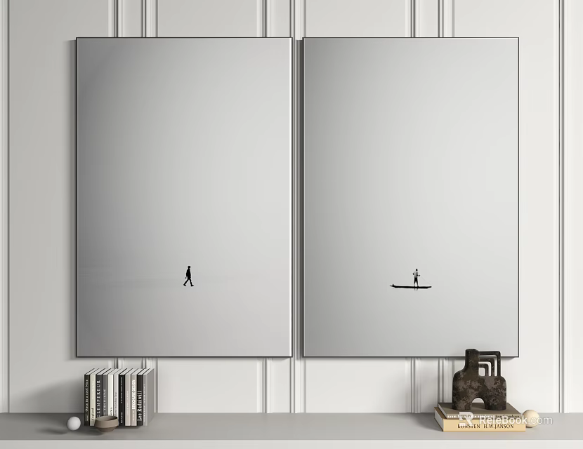 Two Large Wall Mirrors With Small Black Walking And Rowing Figures And Decorative Items Below 3d model