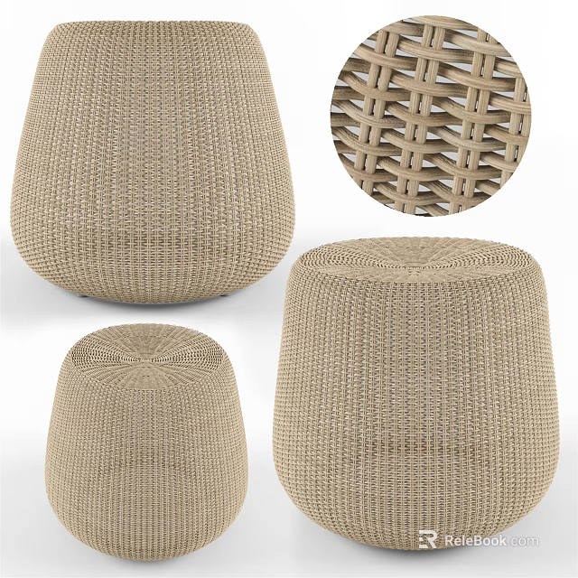 Woven Beige Stools With Artisanal Design Textured Surface And Various Shapes 3d model 
