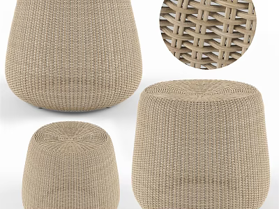 Woven Beige Stools With Artisanal Design Textured Surface And Various Shapes 3d model