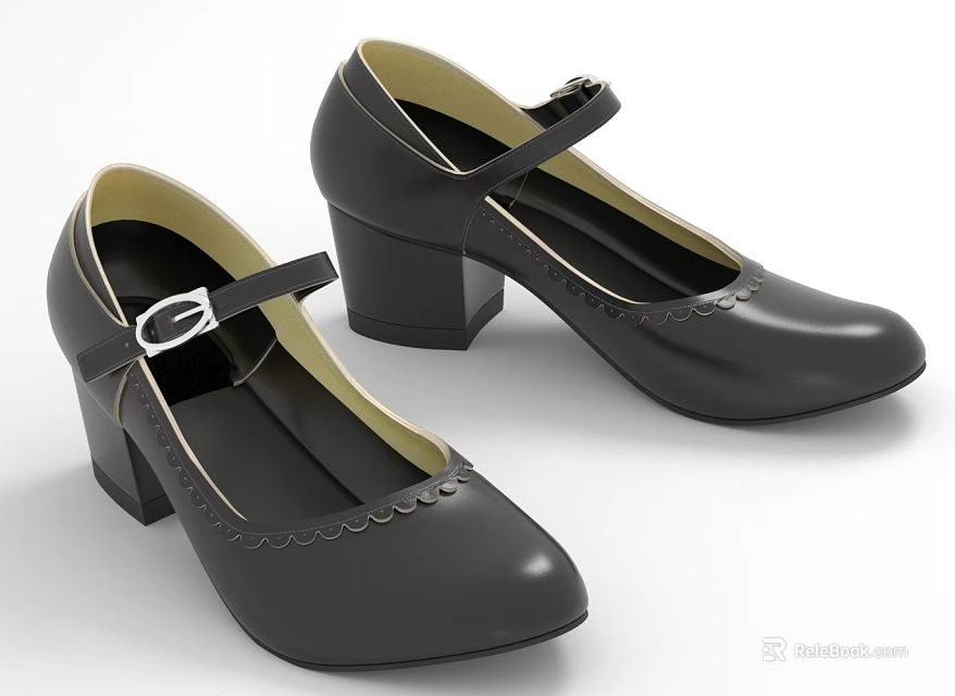 Black Women's Round Toe Block Heel Shoes With Buckle Strap And Scalloped Trim 3d model 