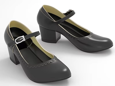Black Women's Round Toe Block Heel Shoes With Buckle Strap And Scalloped Trim 3d model