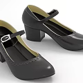 Black Women's Round Toe Block Heel Shoes With Buckle Strap And Scalloped Trim