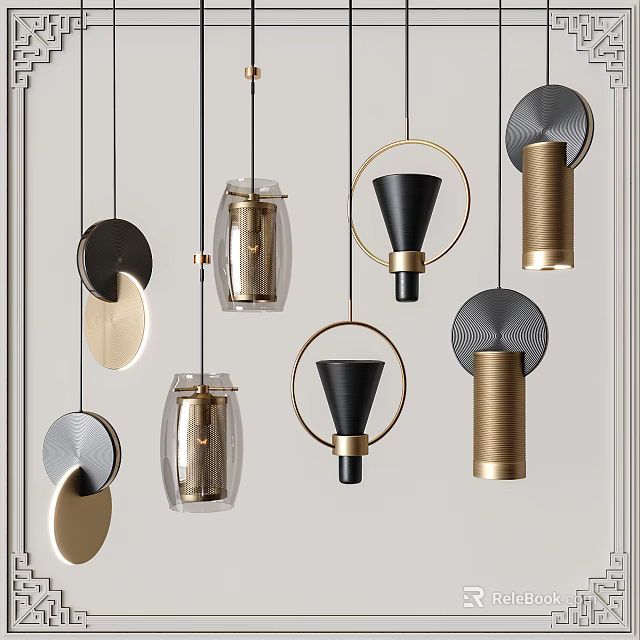 Modern Geometric Chandeliers With Gold Black Metal Hanging Design Elements 3d model