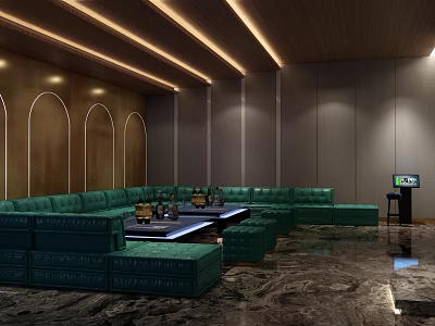 Modern KTV Room Interior With Green Sofas Marble Floor And Arched Walls 3d model