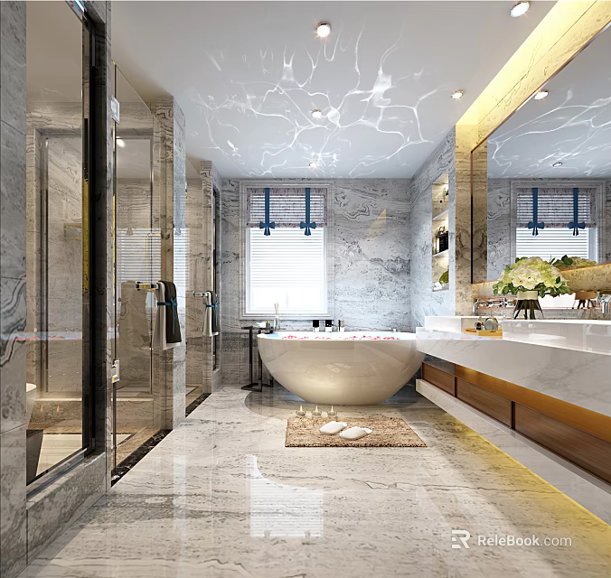 Elegant Luxury Modern Marble Bathroom With Freestanding Bathtub Glass Shower Enclosure And Spacious Floating Vanity 3d model 