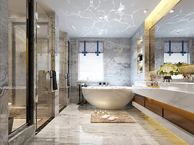 Elegant Luxury Modern Marble Bathroom With Freestanding Bathtub Glass Shower Enclosure And Spacious Floating Vanity 3d model